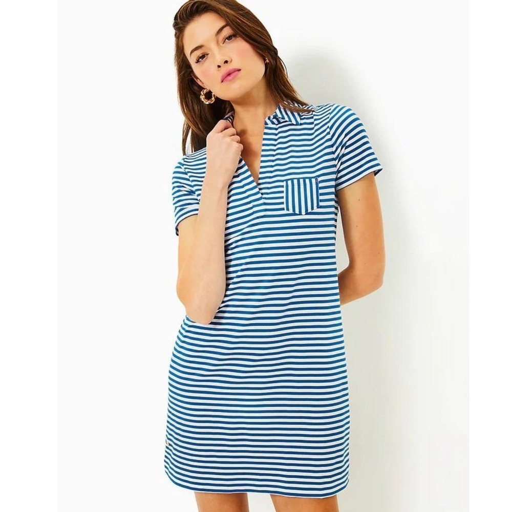Lilly Pulitzer Dune‎ UPF 50+ Short Sleeve Polo Striped Dress Barton Blue XL